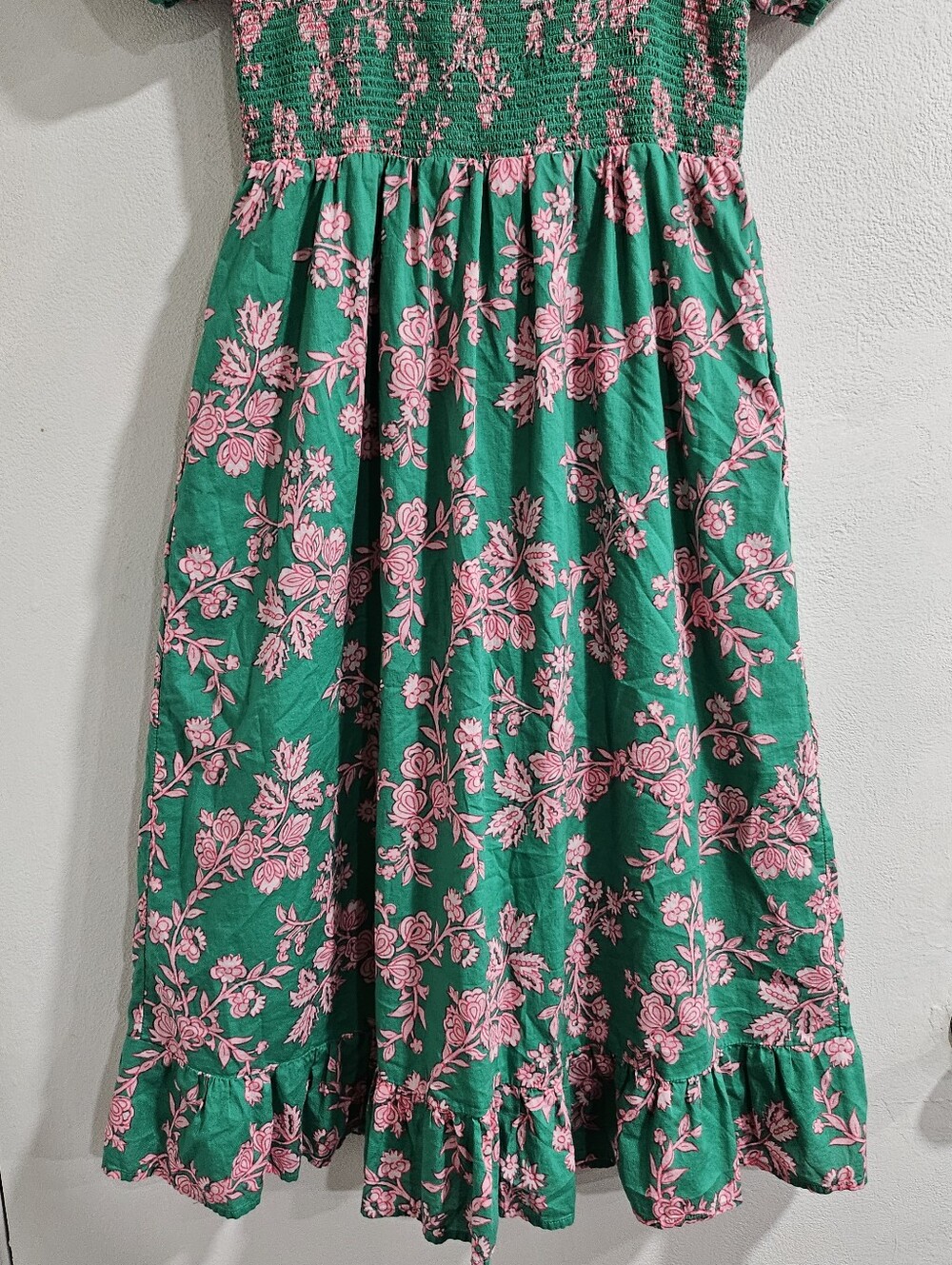 J.Crew Green Pink Floral Smocked Puff Sleeve Cotton Midi Dress Size S - Picture 6 of 10